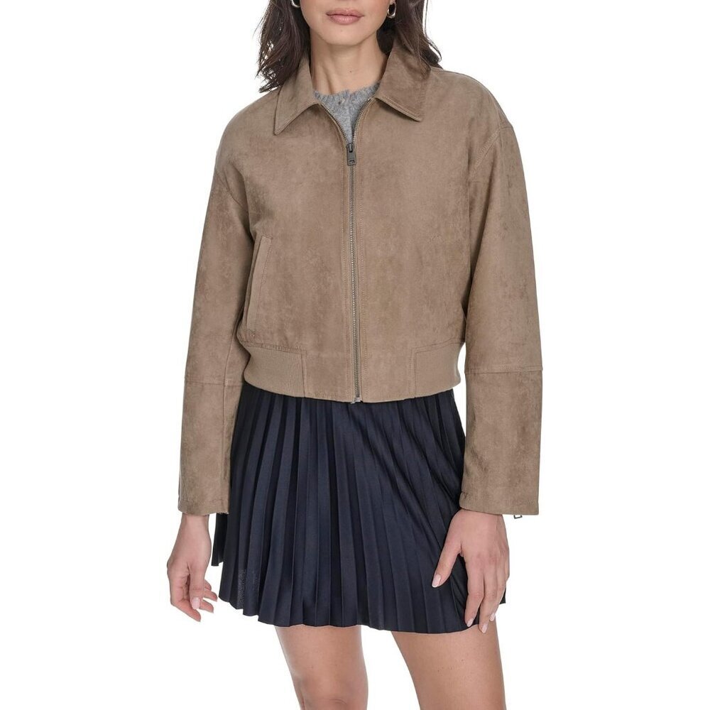 Women's Tan Faux Leather Bomber Jacket With Laydown Style Collar Comfort